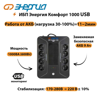 ИБП Комфорт 1000 USB Энергия - ИБП и АКБ - ИБП для компьютера - магазин электрооборудования amperomvolt.ru